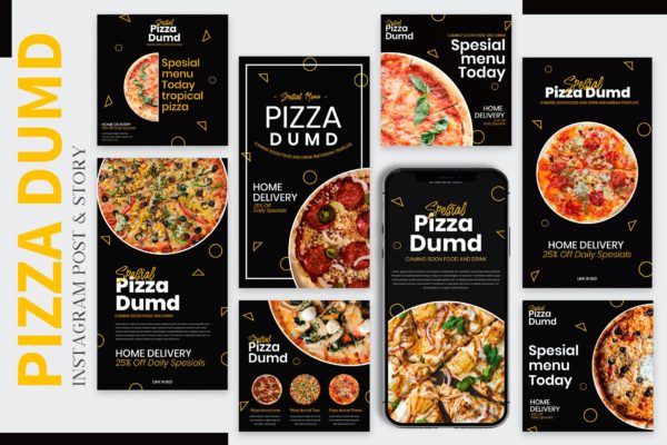 披萨食品推广Instagram帖子和故事配图设计模板 Pizza Dumd – Instagram Post & Story Templates