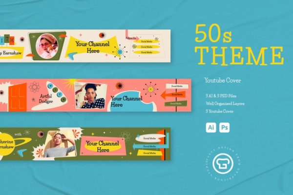 复古50年代主题YouTube封面设计模板 50s Theme Youtube Cover