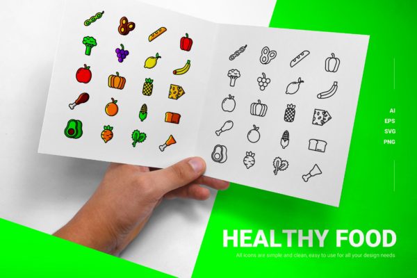 健康食品主题彩色&线条图标矢量素材 Healthy Food – Icons