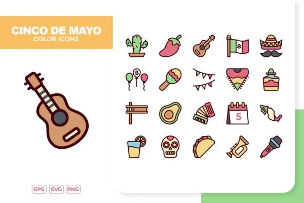 墨西哥五月五日主题填充彩色图标 Cinco De Mayo Color Icons