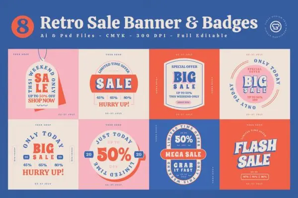 复古优惠销售Banner和徽章设计模板 Retro Sale Banner & Badges