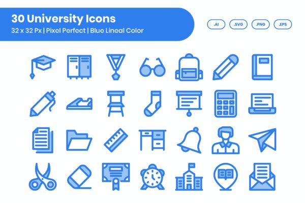 30个大学蓝色线条矢量图标集 30 University Icons Set – Blue Lineal Color