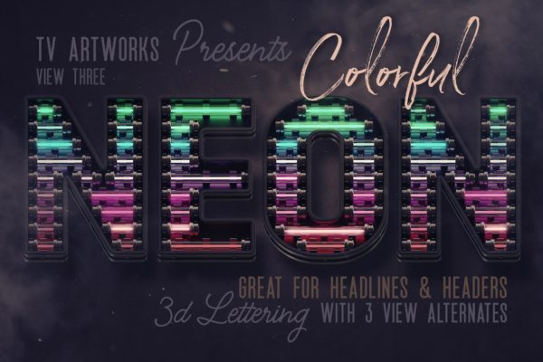 多彩霓虹灯效果3D立体英文字母PNG素材v3 Colorful Neon 3D Lettering View 3
