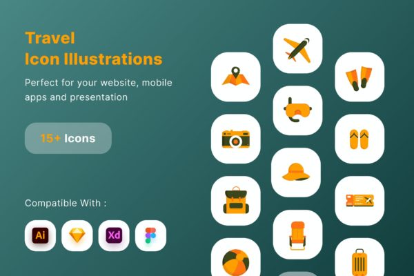 15+旅行主题插画风格矢量图标 Travel Icon Set Illustration