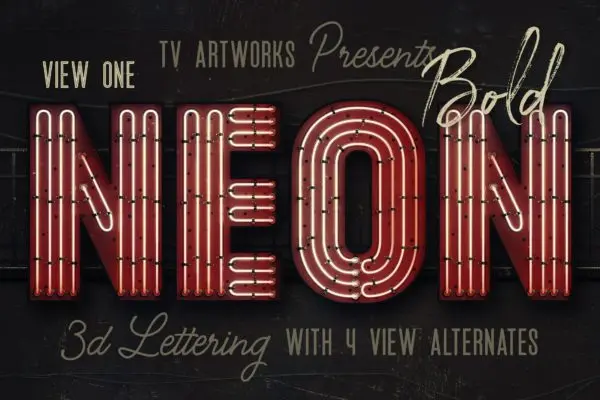 复古霓虹灯管3D立体英文字母PNG素材v1 Bold Neon 3D Lettering View 1