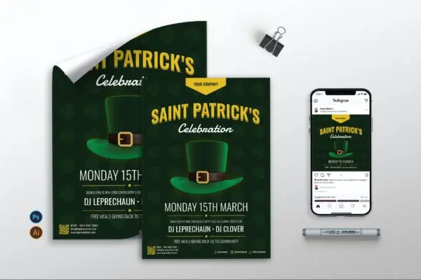 圣帕特里克节日传单/海报/Instagram设计模板v1 Saint Patrick vol.1 – Flyer, Poster, IG RB