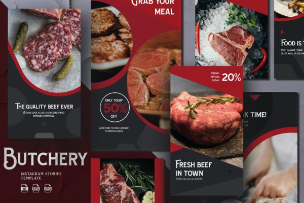 现代几何牛排食品主题Instagram故事社交配图设计模板 Modern Geometric Butchery – Instagram Stories