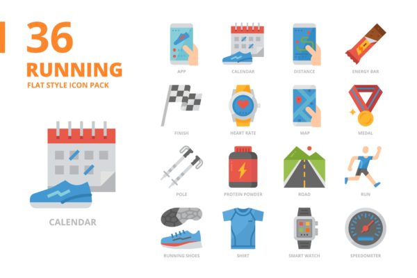 跑步主题扁平样式图标集 Running Flat Design Icon Set