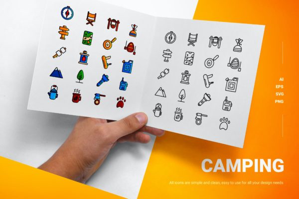露营主题彩色&线条图标矢量素材 Camping – Icons