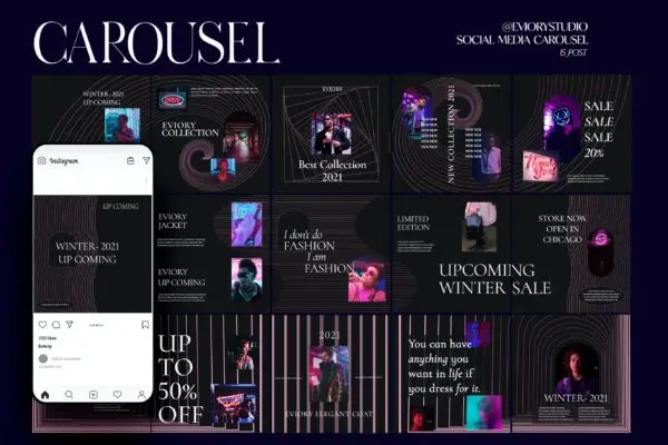 霓虹灯派对Instagram推广社交广告轮播图模板 Neon Lights – Carousel Template Instagram