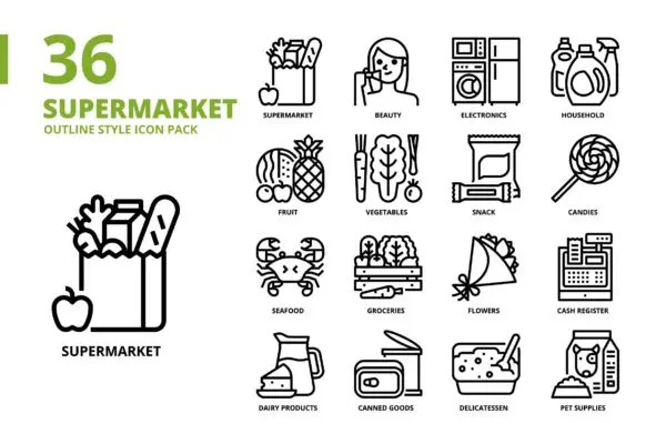 超级市场主题轮廓样式图标集 Supermarket Outline Style Icon Set