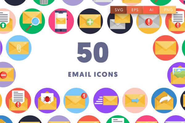 50个电子邮件主题圆形彩色图标 50 Email Icons