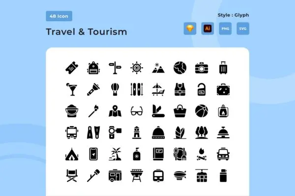旅行和旅游系列轮廓风格图标包 Travel & Tourism Glyph Style Icon Pack