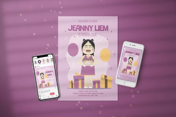 女孩生日派对邀请海报社交工具包v3 Birthday Girl Invitation – Flyer Media Kit