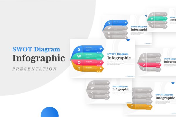 创意分层SWOT&文字细节信息图PPT幻灯片模板素材 Creative Layer SWOT with Text Details Infographic