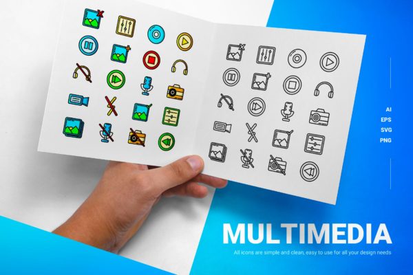 多媒体主题彩色&线条图标矢量素材 Multimedia – Icons