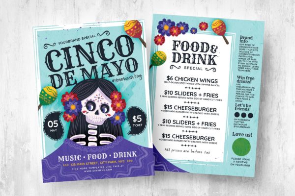 骷髅五月五日节传单&菜单设计模板v3 Cinco de Mayo Flyers & Menu Vol.3