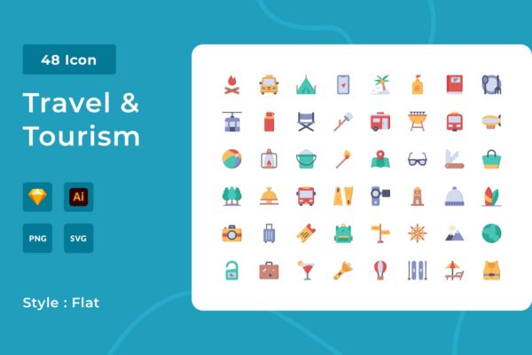 旅行和旅游系列扁平风图标包 Travel & Tourism Flat Style Icon Pack