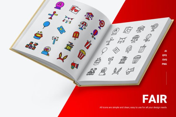 游乐场主题彩色&线条图标矢量素材 Fair – Icons