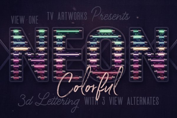 多彩霓虹灯效果3D立体英文字母PNG素材v1 Colorful Neon 3D Lettering View 1