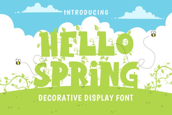 温暖新春树叶藤蔓艺术手写字体 Hello Spring