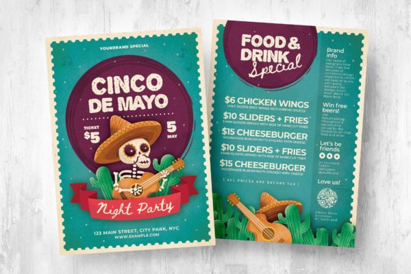 骷髅五月五日节传单&菜单设计模板v1 Cinco De Mayo Flyer & Menu Vol.1