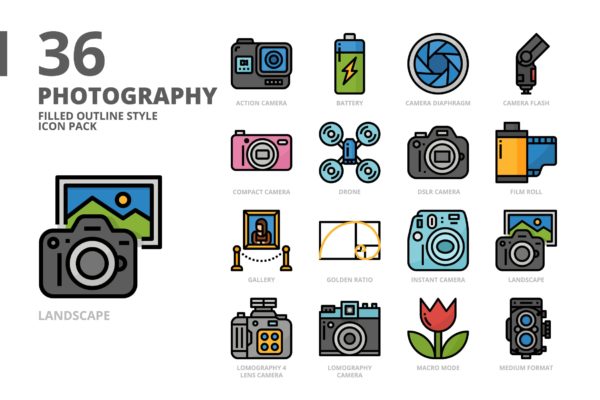 摄影主题填充轮廓样式图标集 Photography Filled Outline Style Icon Set