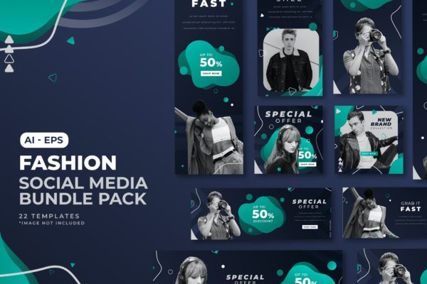 时尚大促活动社交媒体广告设计模板套装v3 Fashion Social Media Template Bundle