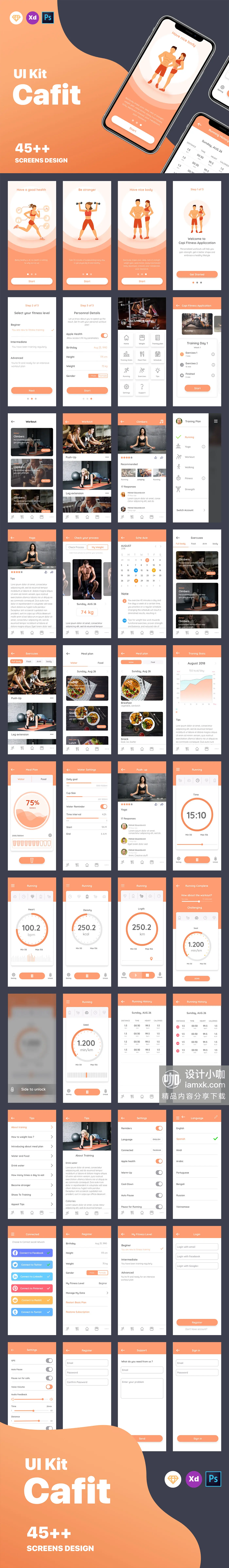 设计森林下午茶：精美的插画运动健身主题的APP UI KIT [Sketch,XD,PSD]