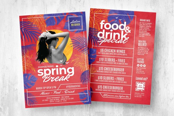热带树叶酒吧传单&饮品菜单设计模板 Spring Break Flyer & Menu Templates