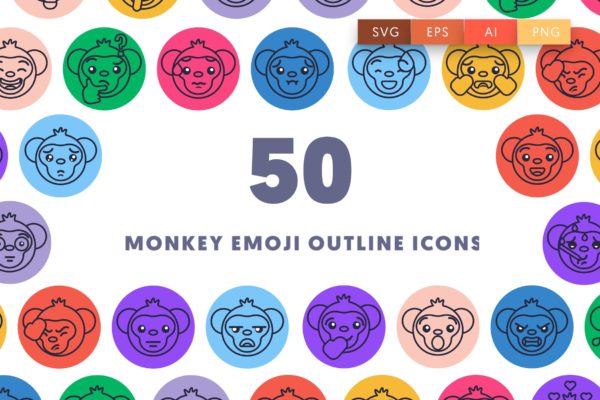 50个猴子Emoji表情轮廓图标 50 Monkey Emoji Outline Icons