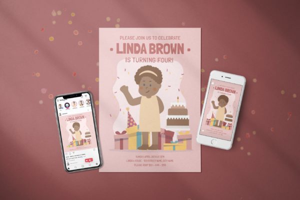 女孩生日派对邀请海报社交工具包v1 Birthday Girl Invitation – Flyer Media Kit