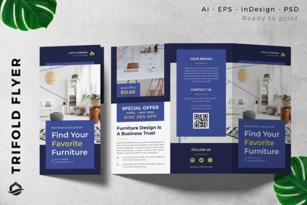 室内办公家具主题三折页宣传册传单设计模板 Interior Office Furniture Trifold Brochure Flyer