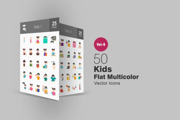 50个儿童主题扁平风格彩色图标 50 Kids Flat Multicolor Icons