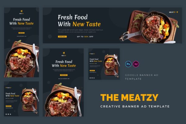 牛排美食谷歌广告Banner设计套件 Meatzy Google Ads