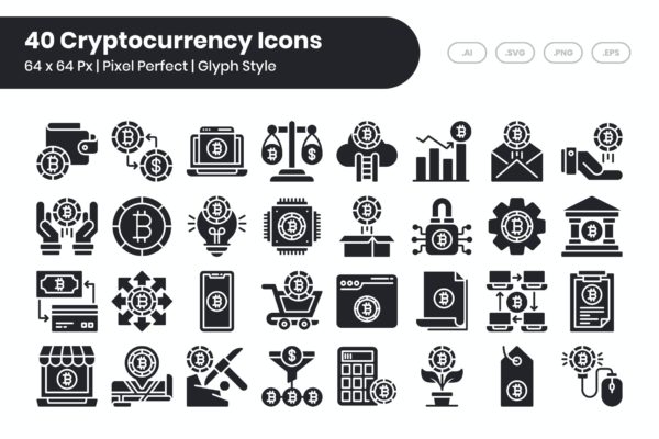 40枚加密货币主题字体图标包 40 Cryptocurrency Icons Set – Glyph