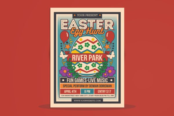 寻蛋活动复古传单海报 Egg Hunt For Kids Retro Flyer