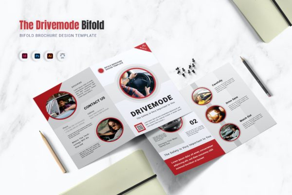驾驶教学双折页小册子设计模板 Drivemode Bifold Brochure