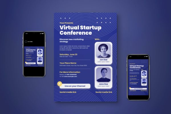 虚拟视频创业会议传单海报集 Virtual Startup Conference Flyer Set