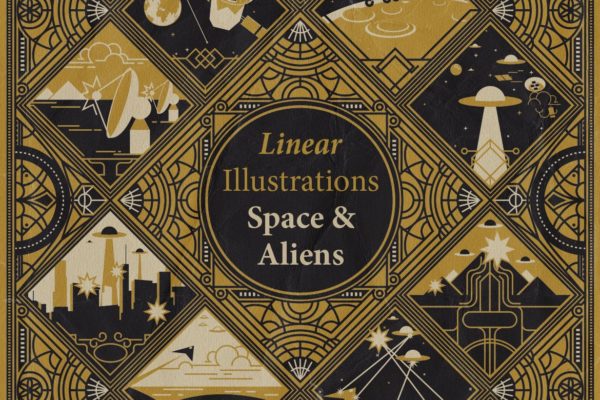 太空与外星人主题线性样式徽标插画素材 Linear Illustrations – Space & Alien