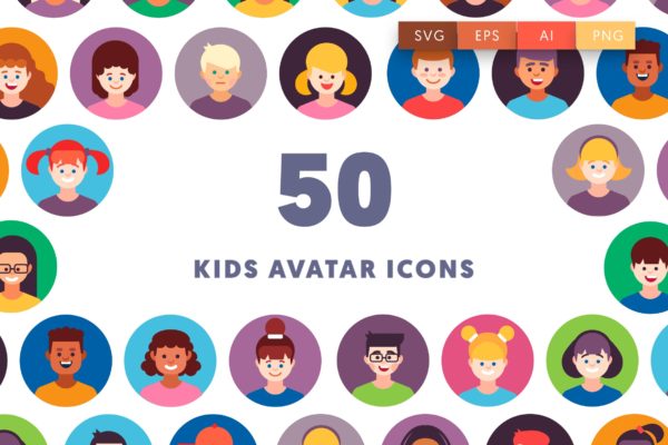 50个儿童头像主题圆形彩色图标 50 Kids Avatar Icons