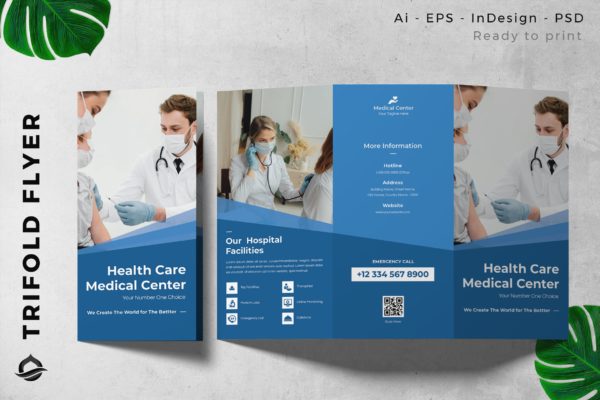 医疗保健主题三折页宣传册传单设计模板 Medical Healt Care Trifold Brochure Flyer