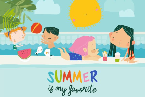 儿童泳池活动卡通矢量插画 Happy children relaxing in swimming pool. Hello su