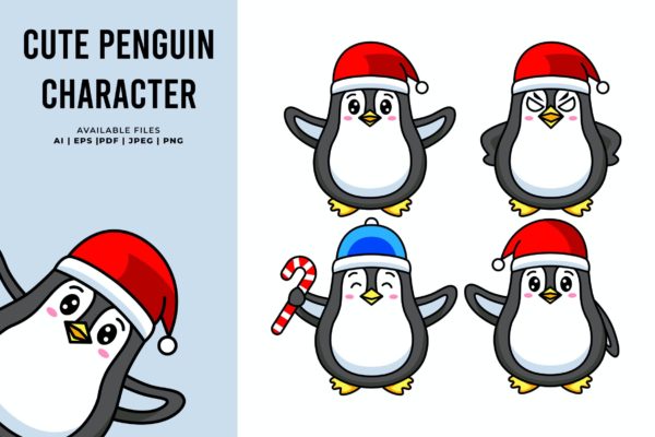 可爱的企鹅角色矢量插画 Cute Penguin Character