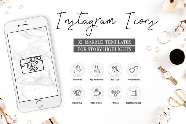 大理石元素Instagram高光亮点封面设计模板V.3 Instagram Highlight Covers V.3 MARBLE