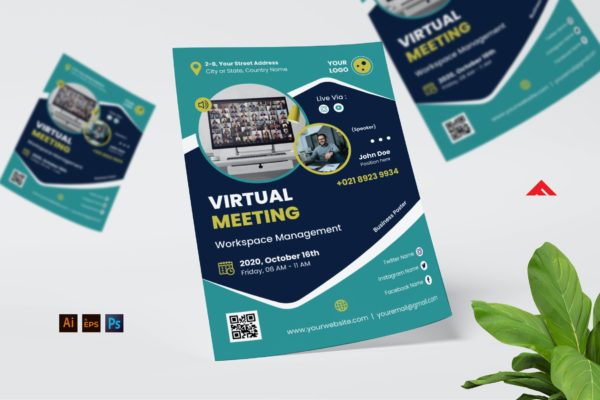 虚拟视频会议宣传海报设计模板 Virtual Event Flyer