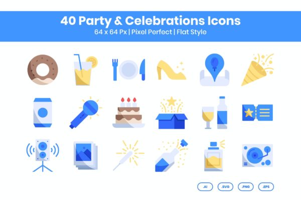 40枚派对和庆祝活动主题扁平图标包 40 Party & Celebrations Icons Set – Flat