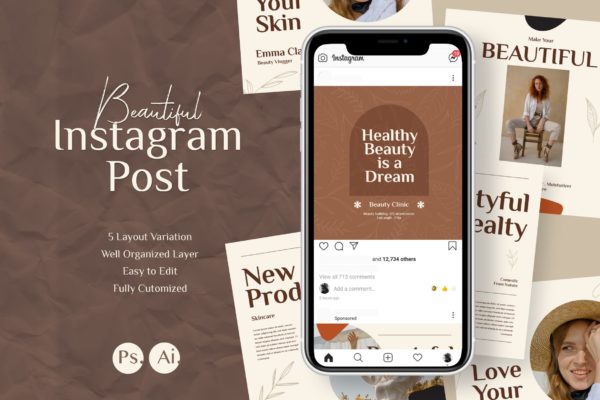 美容护理Instagram信息流社交贴图设计模板 Instagram Feeds