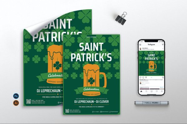 圣帕特里克节日传单/海报/Instagram设计模板v2 Saint Patrick vol.2 – Flyer, Poster, IG RB