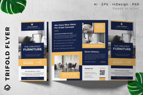 现代室内家具主题三折页宣传册传单设计模板 Modern Interior Furniture Trifold Brochure Flyer